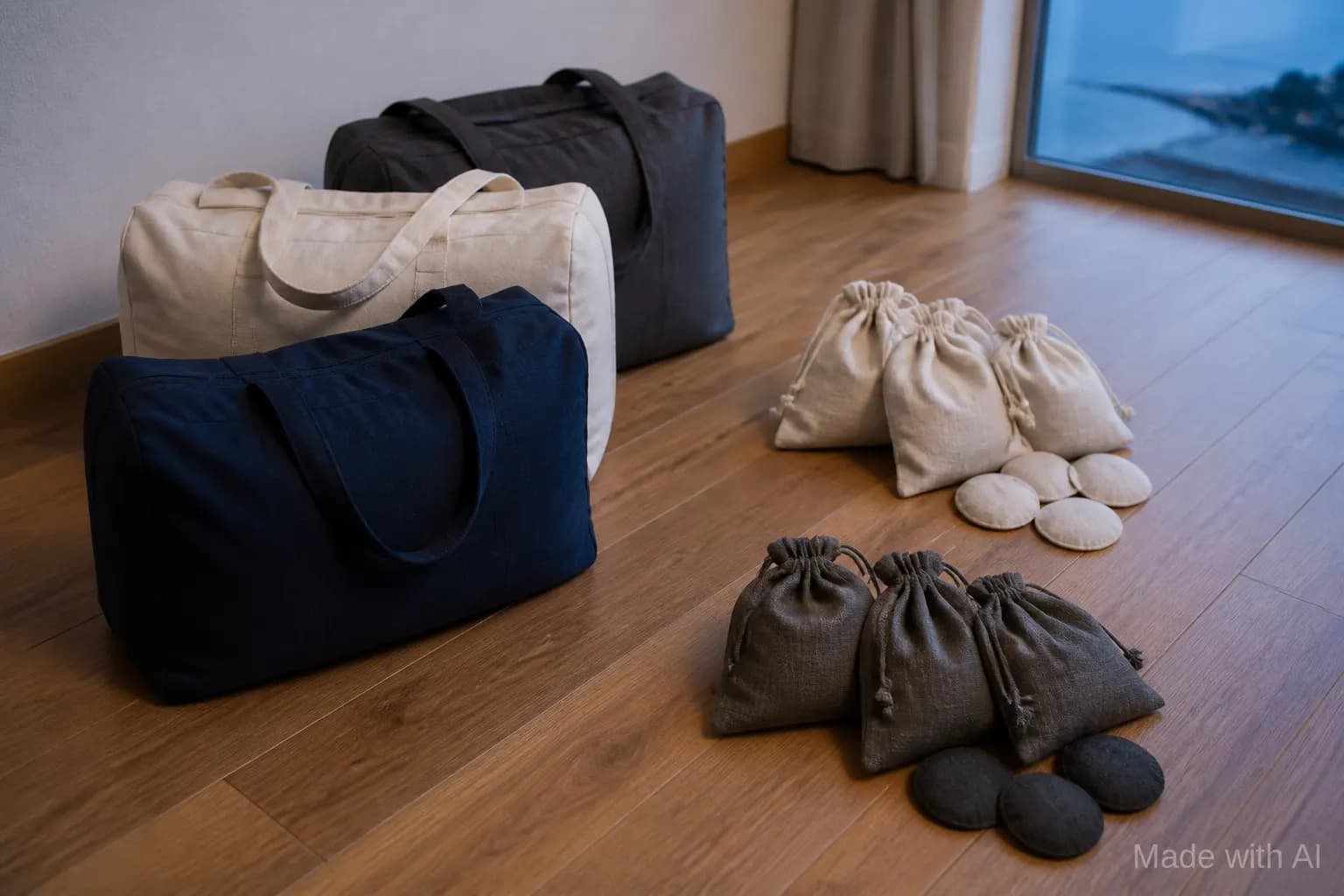 제주 단체버스 승하차와 짐 묶음을 정리하는 무지 리넨 파우치와 여행가방 정물