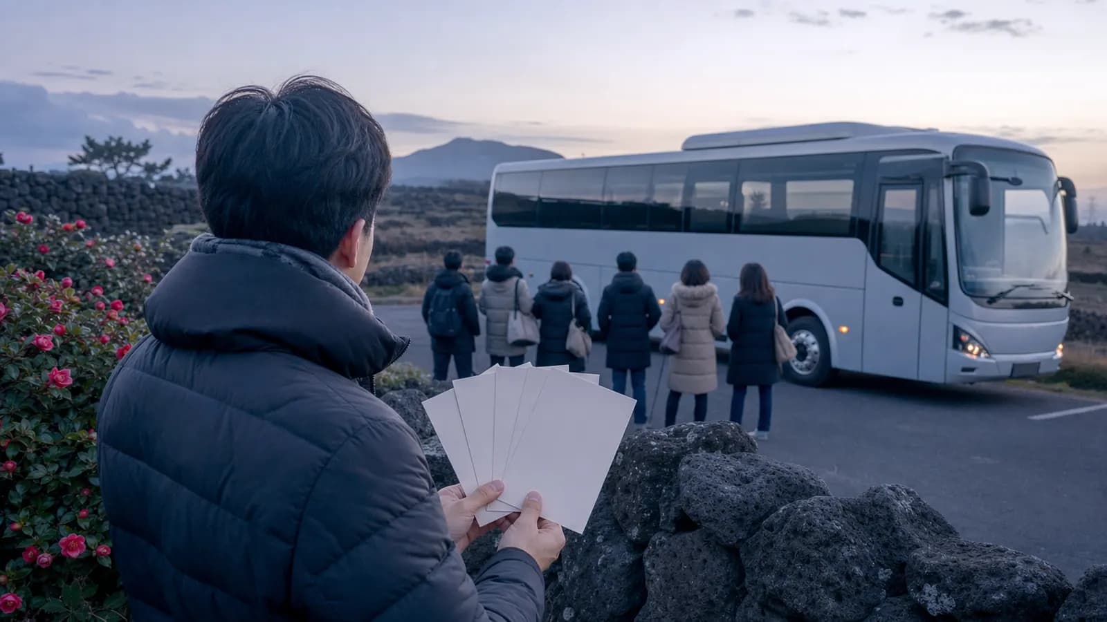 제주전세버스가격 견적을 위해 겨울 새벽 단체 출발 조건을 확인하는 담당자