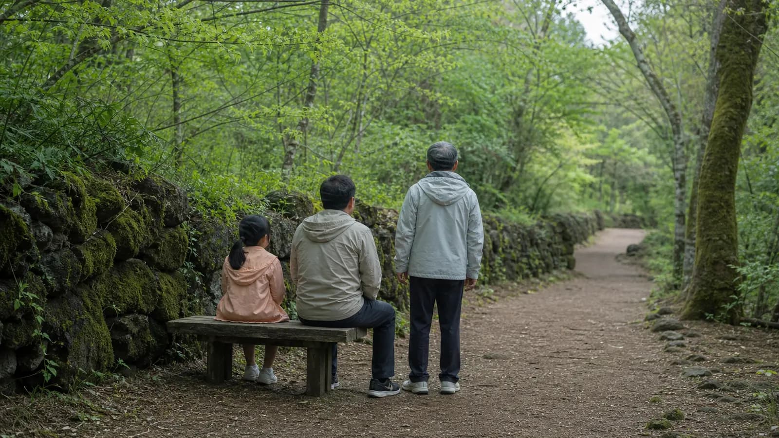 제주 숲길의 낮은 돌담 쉼터에서 함께 쉬는 세대 가족의 먼 뒷모습