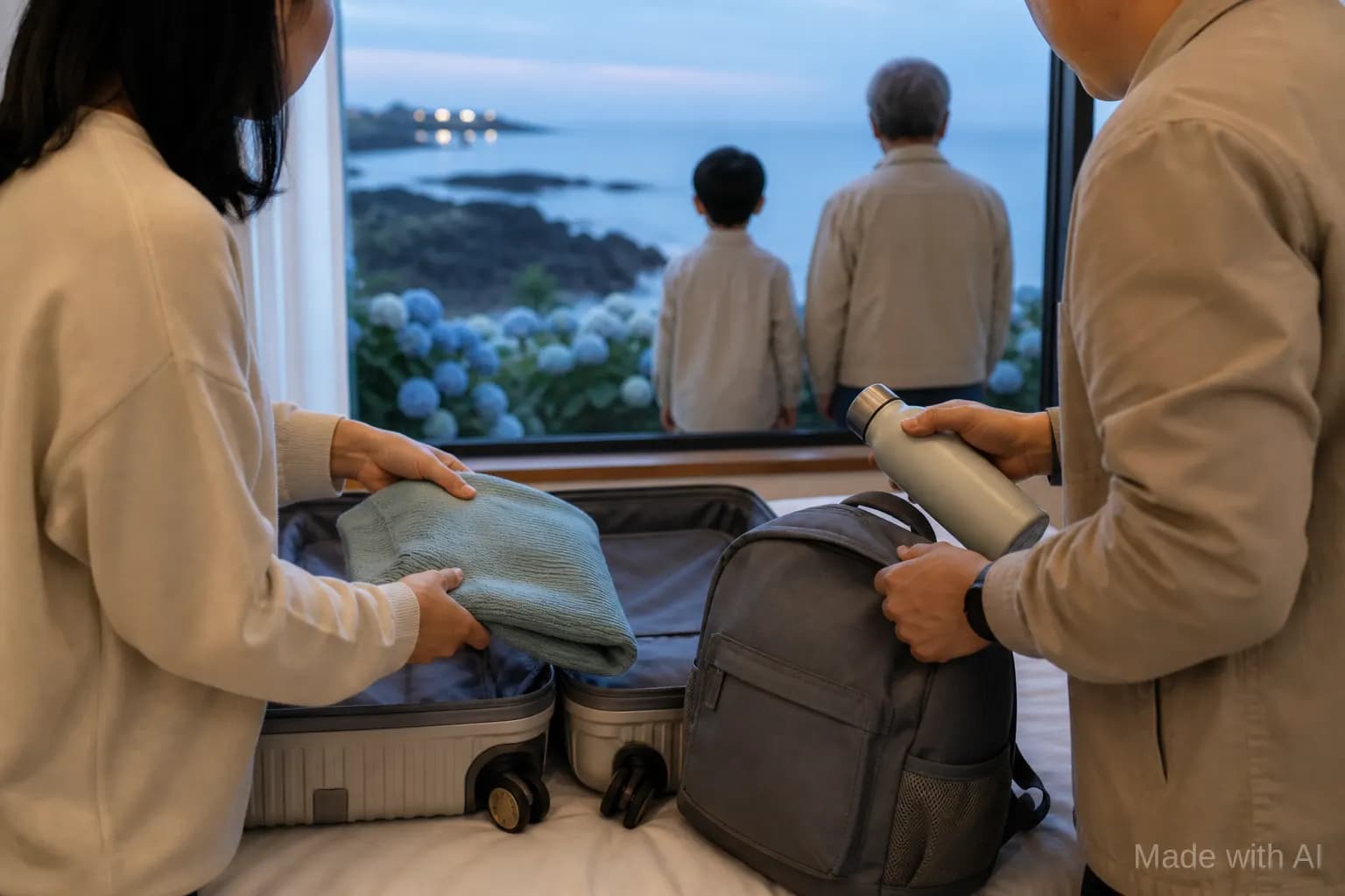 제주 가족여행 상담에서 휴식·객실·이동 조건을 대조하는 가족의 손