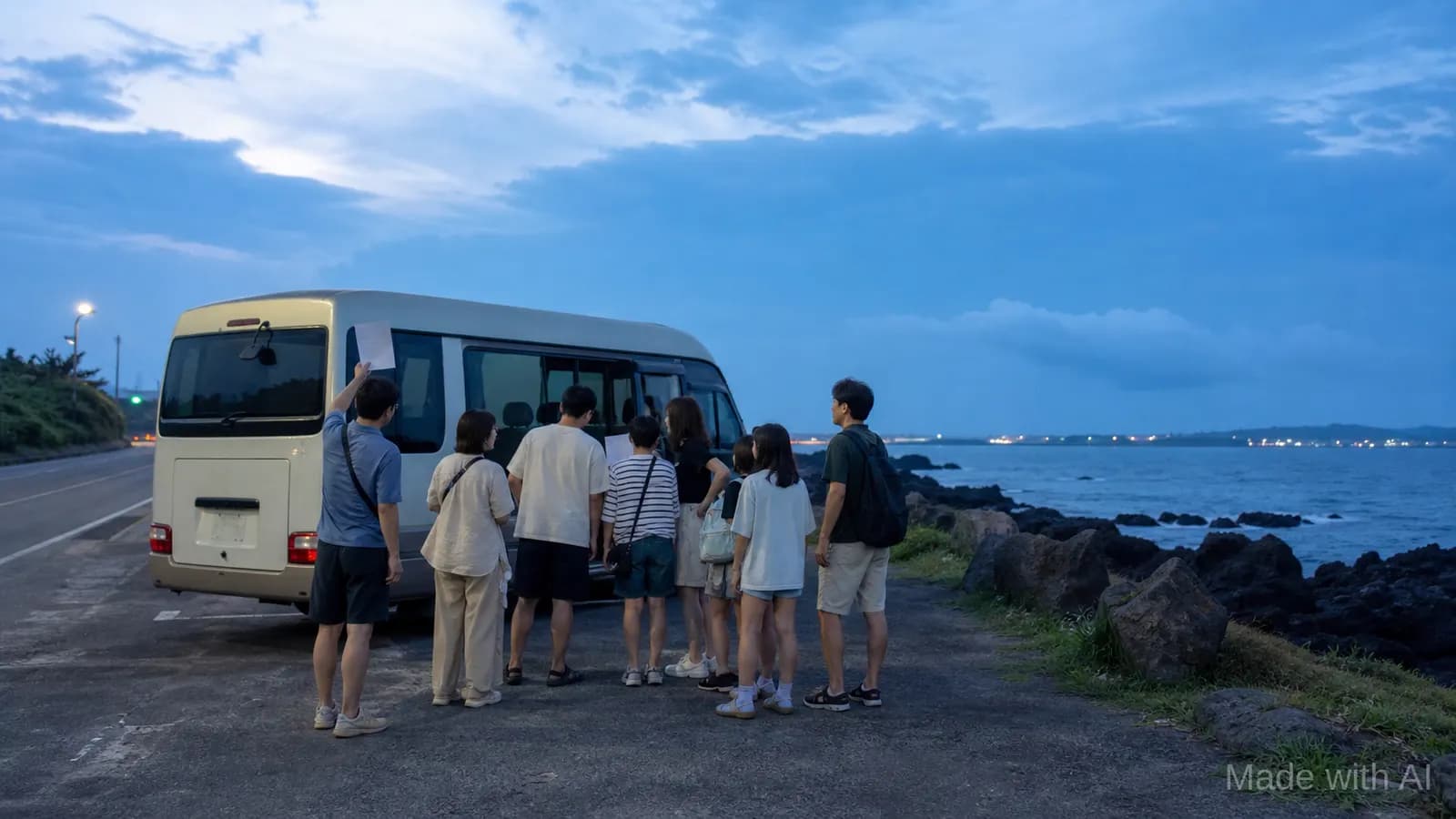 블루아워 제주 해안에서 단체 이동을 준비하는 사람들의 먼 실루엣