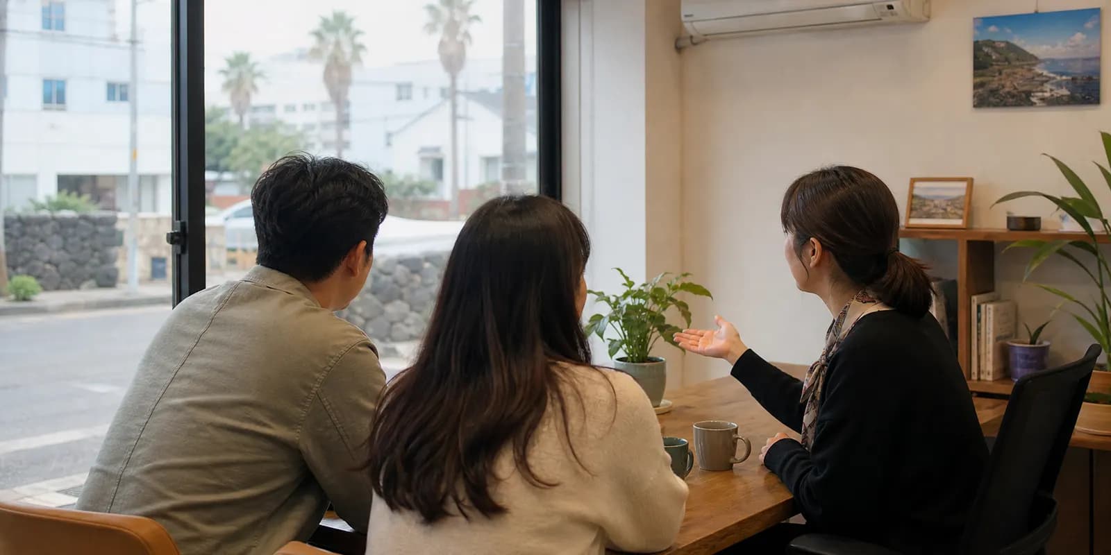 제주시 여행사 사무실에서 여행 조건을 상담하는 담당자와 여행자 부부