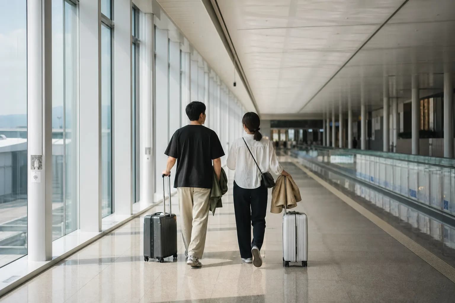 계약 확인을 마치고 출발 게이트로 향하는 여행자 부부
