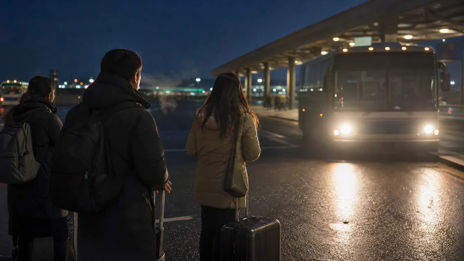 첫 비행기를 타기 위해 새벽 공항 셔틀을 기다리는 여행자들