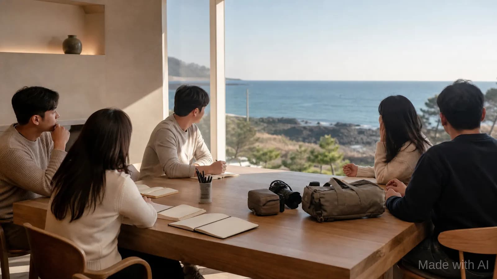 맑은 가을 제주 해안을 바라보며 회의와 여행 조건을 나누는 소규모 팀