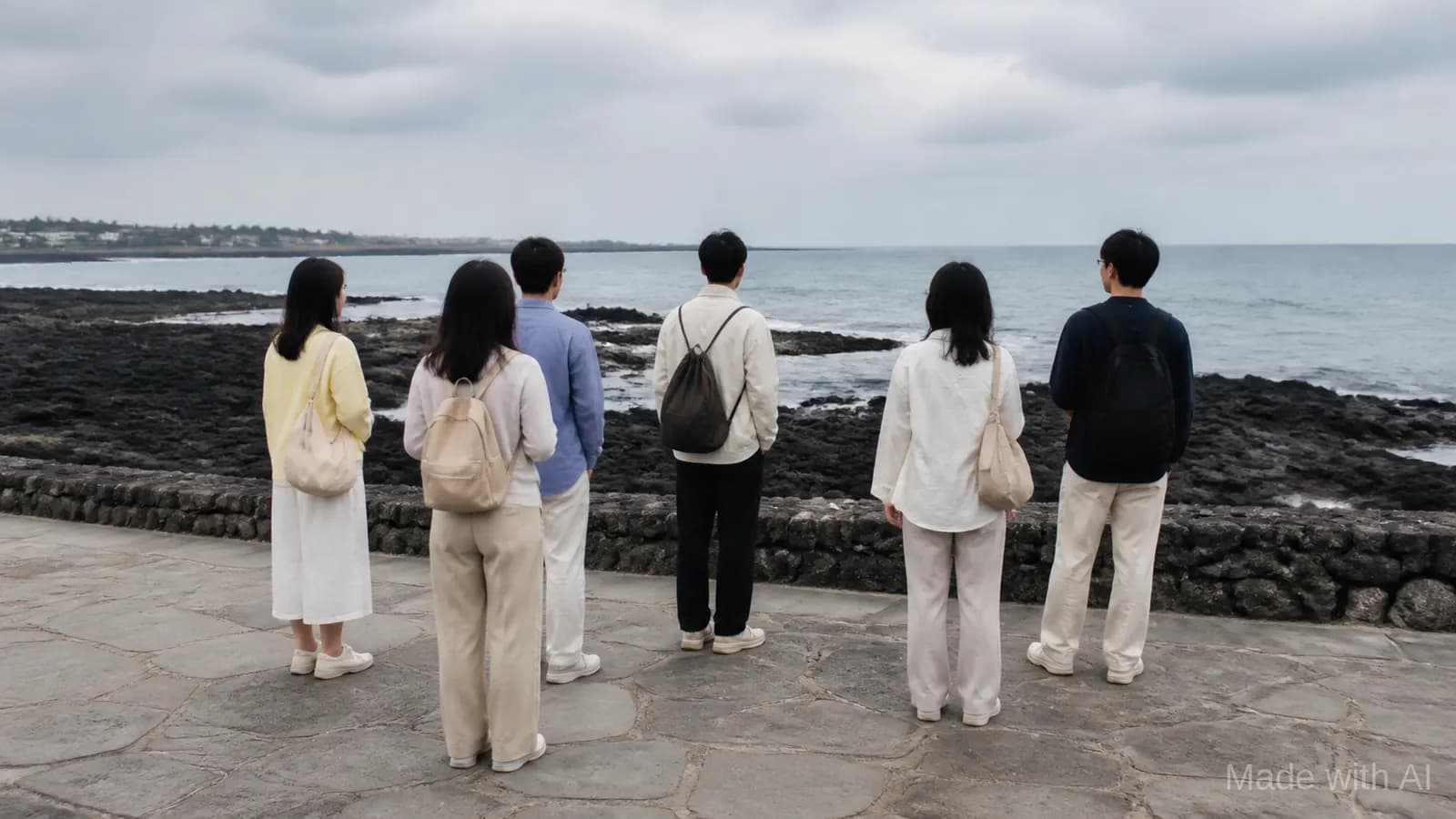 흐린 제주 해안에서 동호회 구성원이 공용 이동을 준비하는 먼 뒷모습