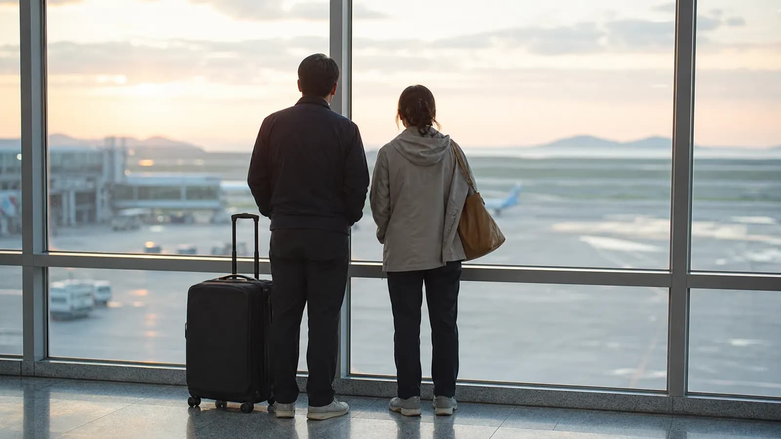 제주공항 출발 라운지 창가에서 여행가방을 두고 이른 아침 활주로를 바라보는 여행자 뒷모습