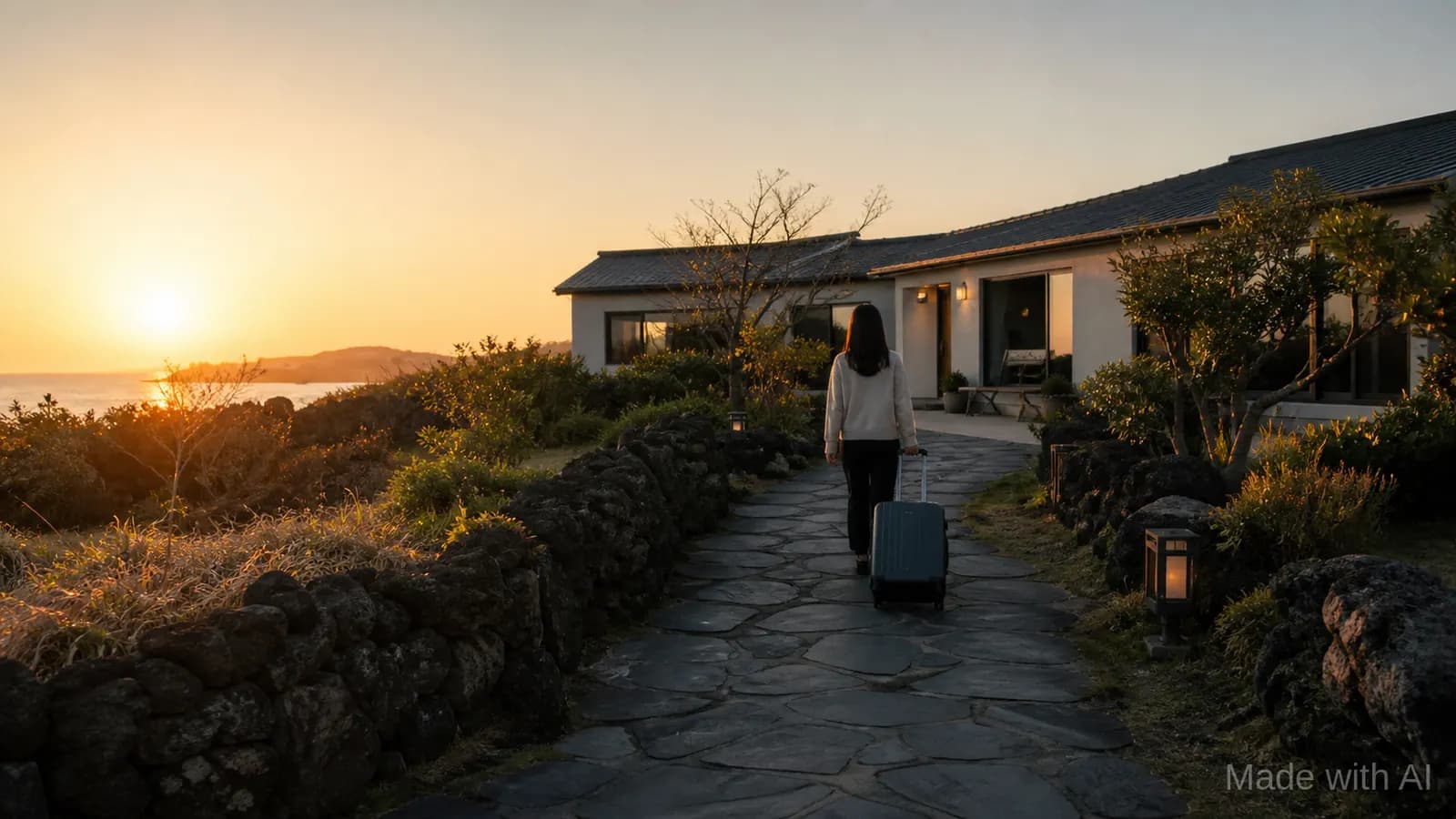 제주 동부 해안의 노을 진 돌담 숙소길에 무표식 여행가방을 들고 도착하는 여행자 뒷모습