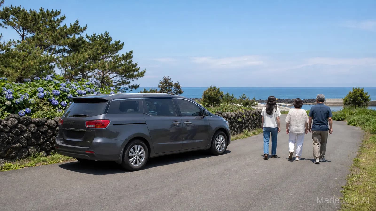수국 핀 제주 동부 돌담길에 도착한 무표식 일반 다인승 차량과 가족의 먼 뒷모습